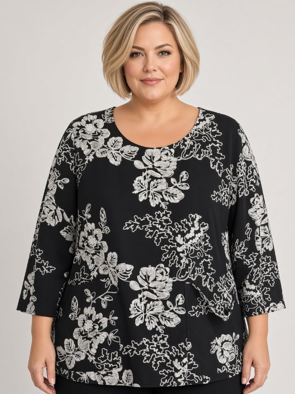 Cynthia Rowley Women's 3X Black Cotton Top White Floral Embroidery Pockets
